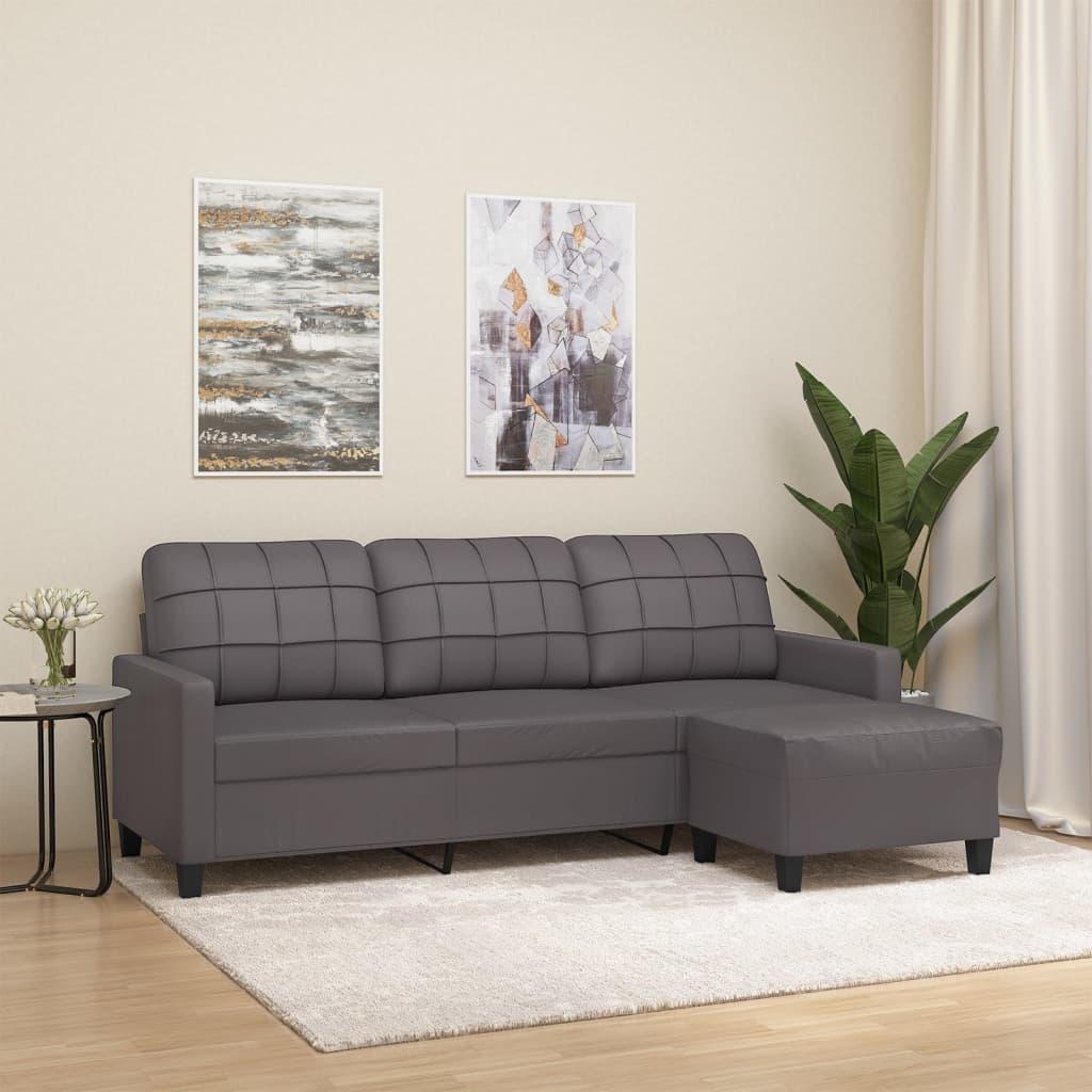 3-personers sofa med fodskammel 180 cm kunstlæder grå