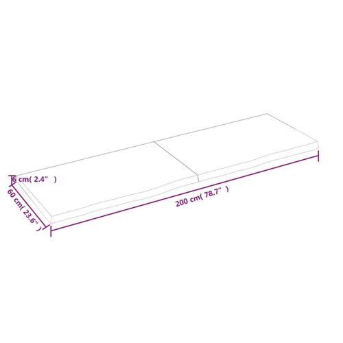 Bordplade til badeværelse 200x60x(2-6)cm massivt træ ubehandlet