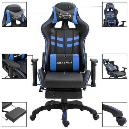 Gamingstol med fodstøtte kunstlæder blå