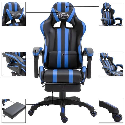 Gamingstol med fodstøtte kunstlæder blå
