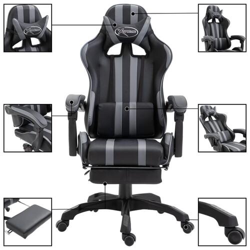Gamingstol med fodstøtte kunstlæder grå