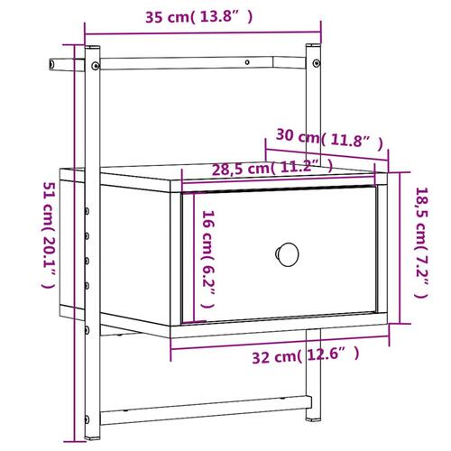 Væghængt sengebord 35x30x51 cm konstrueret træ grå sonoma-eg