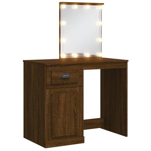 Makeupbord med LED-lys 90x42x132,5 cm brun egetræsfarve