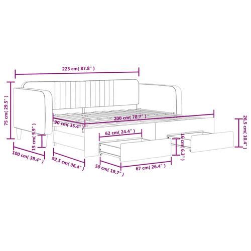 Daybed med udtræk og skuffer 90x200 cm velour lysegrå