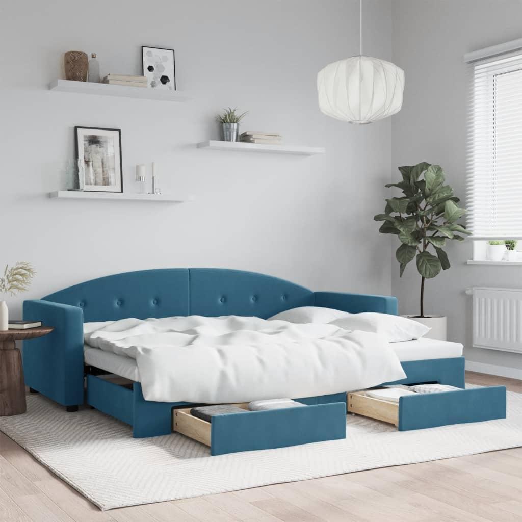 Daybed Velour Blå - med udtræk og skuffe / 80 x 200 cm