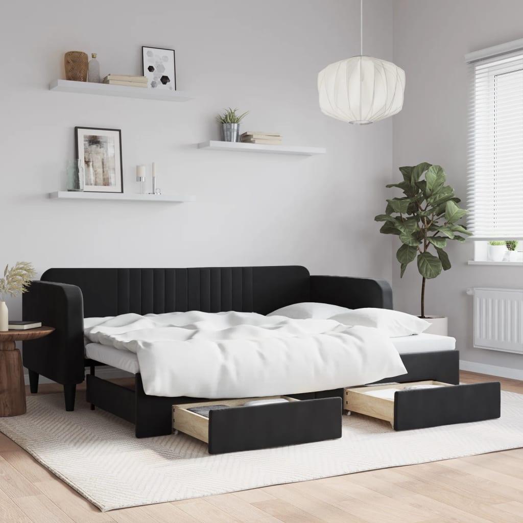 Daybed Velour Sort - med udtræk og skuffe / 80 x 200 cm