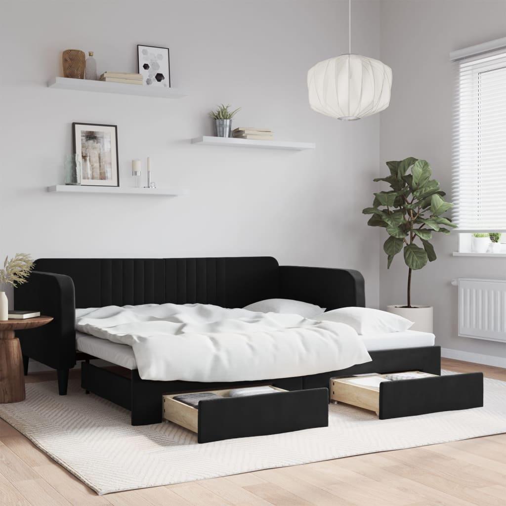 Daybed Velour Sort - med udtræk og skuffe / 90 x 190 cm