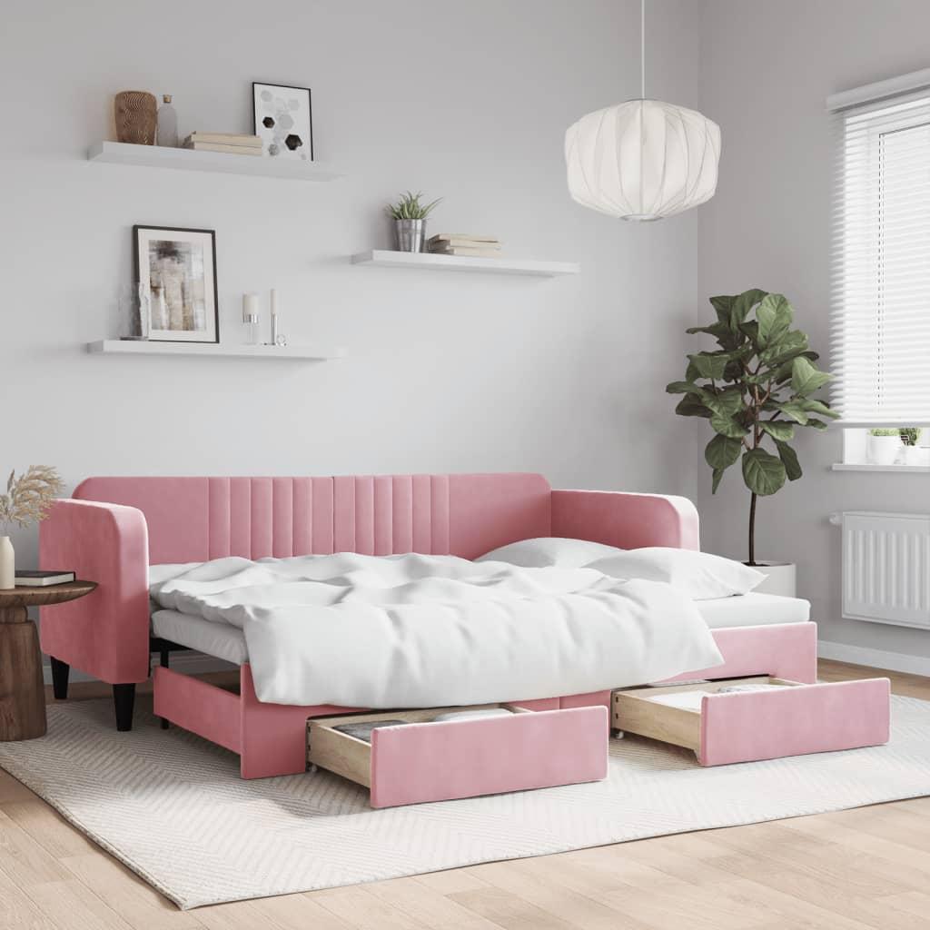 Daybed Velour Pink Lyserød - med udtræk og skuffe / 80 x 200 cm