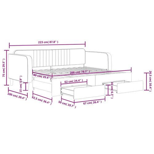 Daybed med udtræk og skuffer 90x200 cm velour gul