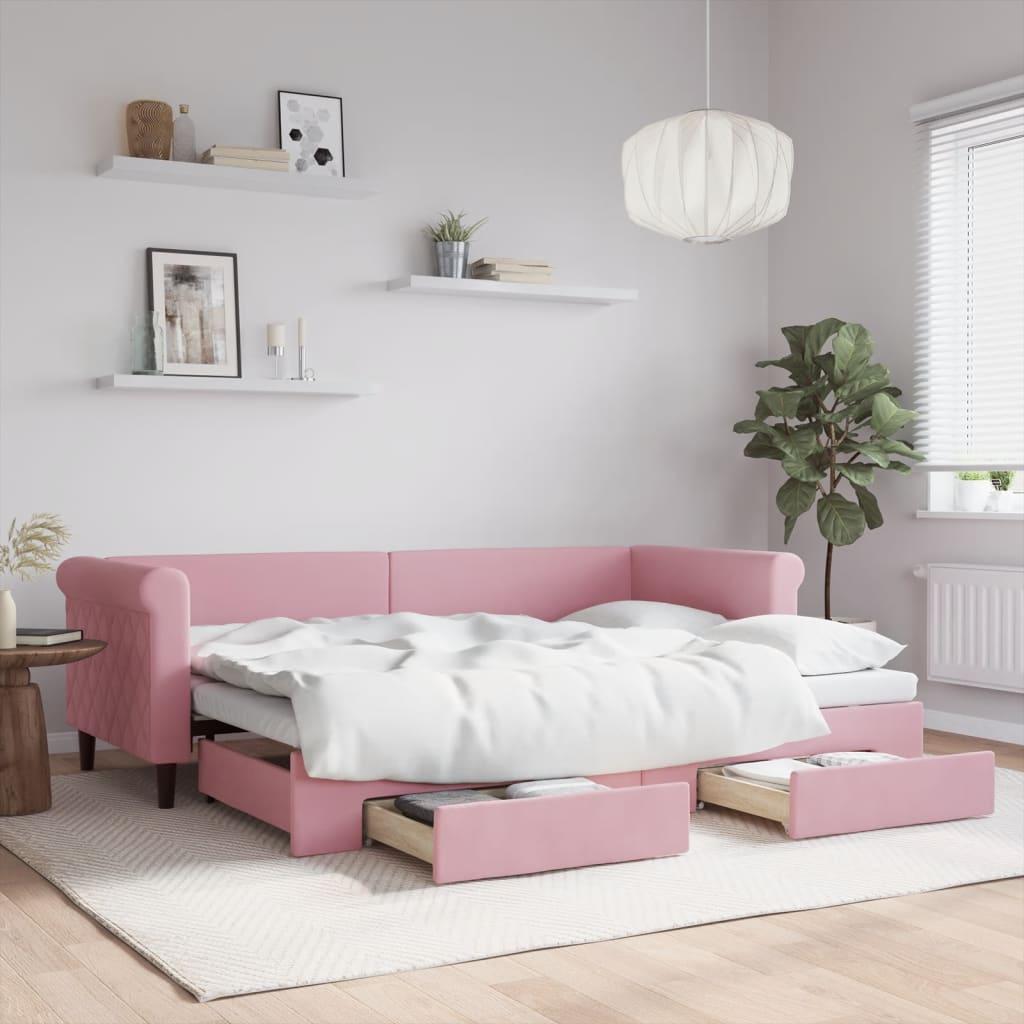Daybed Velour Pink Lyserød - med udtræk og skuffe / 80 x 200 cm