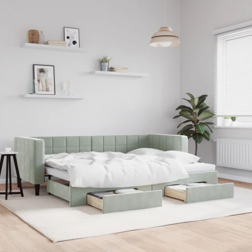 Daybed med udtræk og 2 skuffer 80 x 200 cm velour - lysegrå