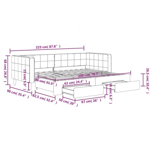 Daybed med udtræk og 2 skuffer 80 x 200 cm velour - lysegrå