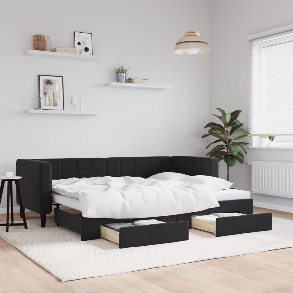 Daybed Velour Sort - med udtræk og skuffe / 80 x 200 cm