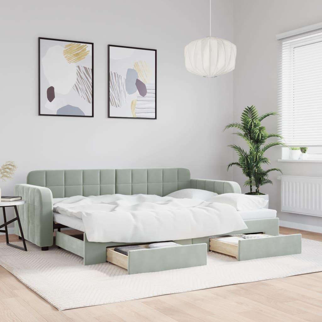 Daybed med udtræk og skuffer 80x200 cm velour lysegrå