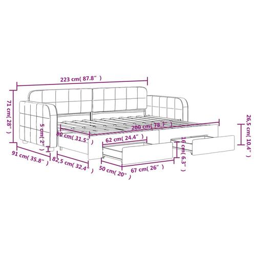 Daybed med udtræk og skuffer 80x200 cm velour sort