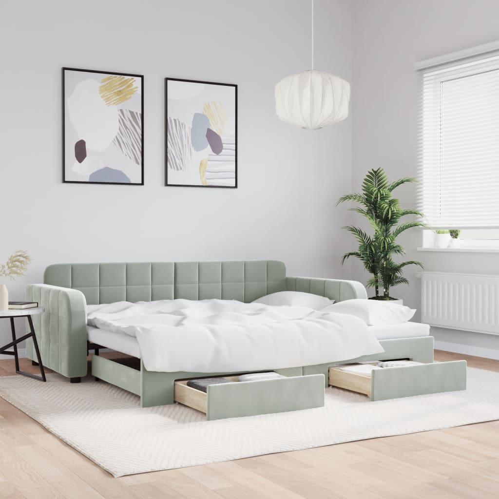 Daybed Velour Lysegrå - med udtræk og skuffe / 90 x 190 cm