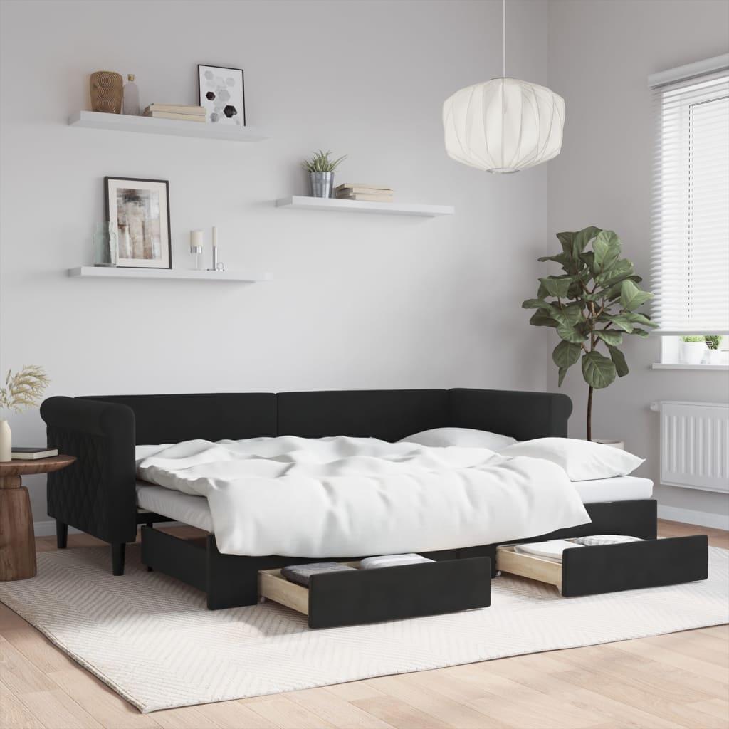 Daybed Velour Sort - med udtræk og skuffe / 80 x 200 cm