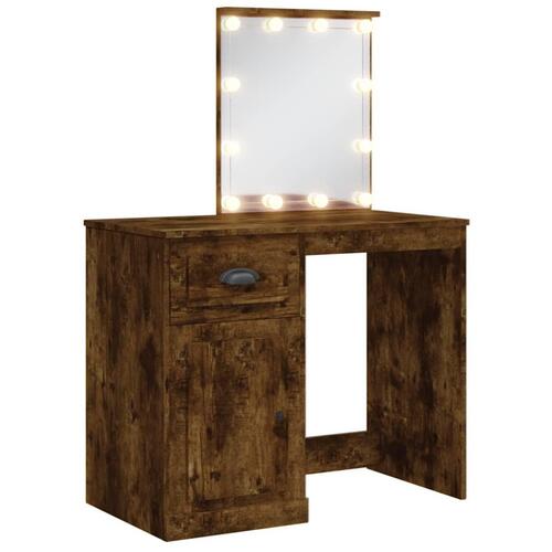 Makeupbord med LED-lys 90x42x132,5 cm røget egetræsfarve