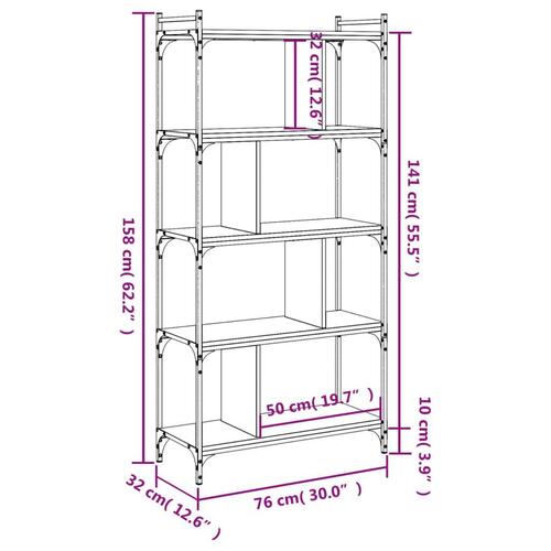 Bogreol 76x32x158 cm 5 hylder konstrueret træ sonoma-eg