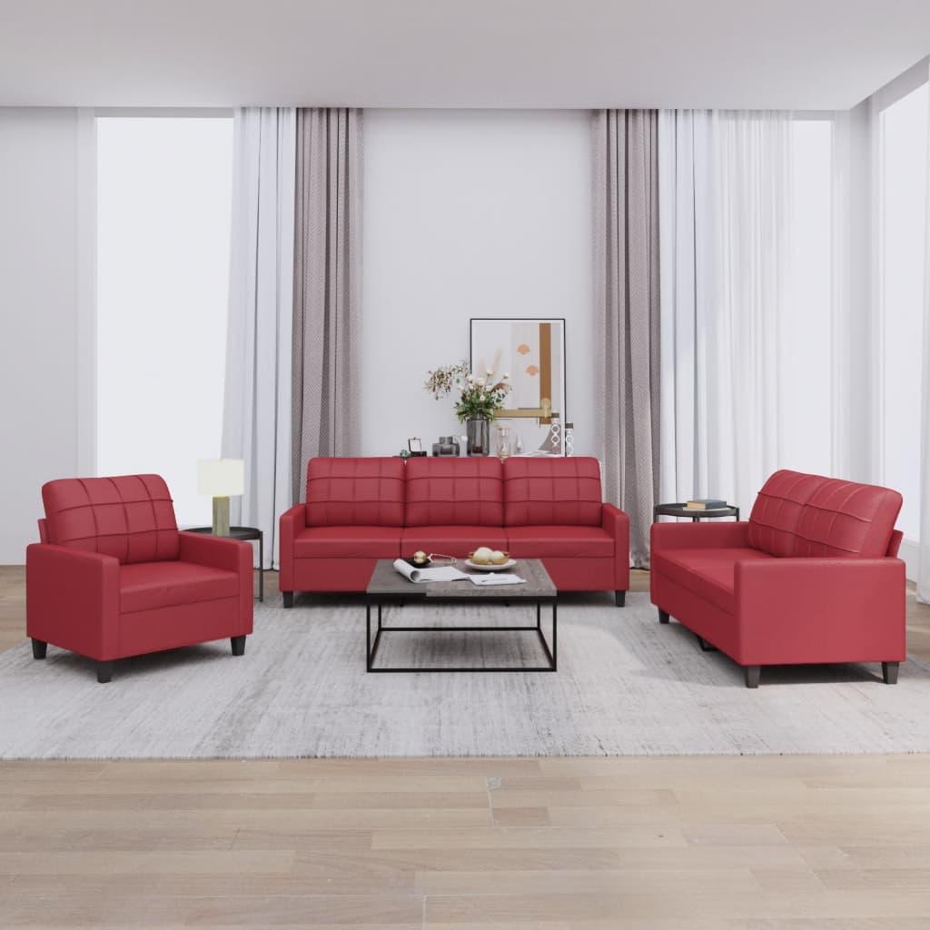 3 personers sofa med hynder kunstlæder vinrød