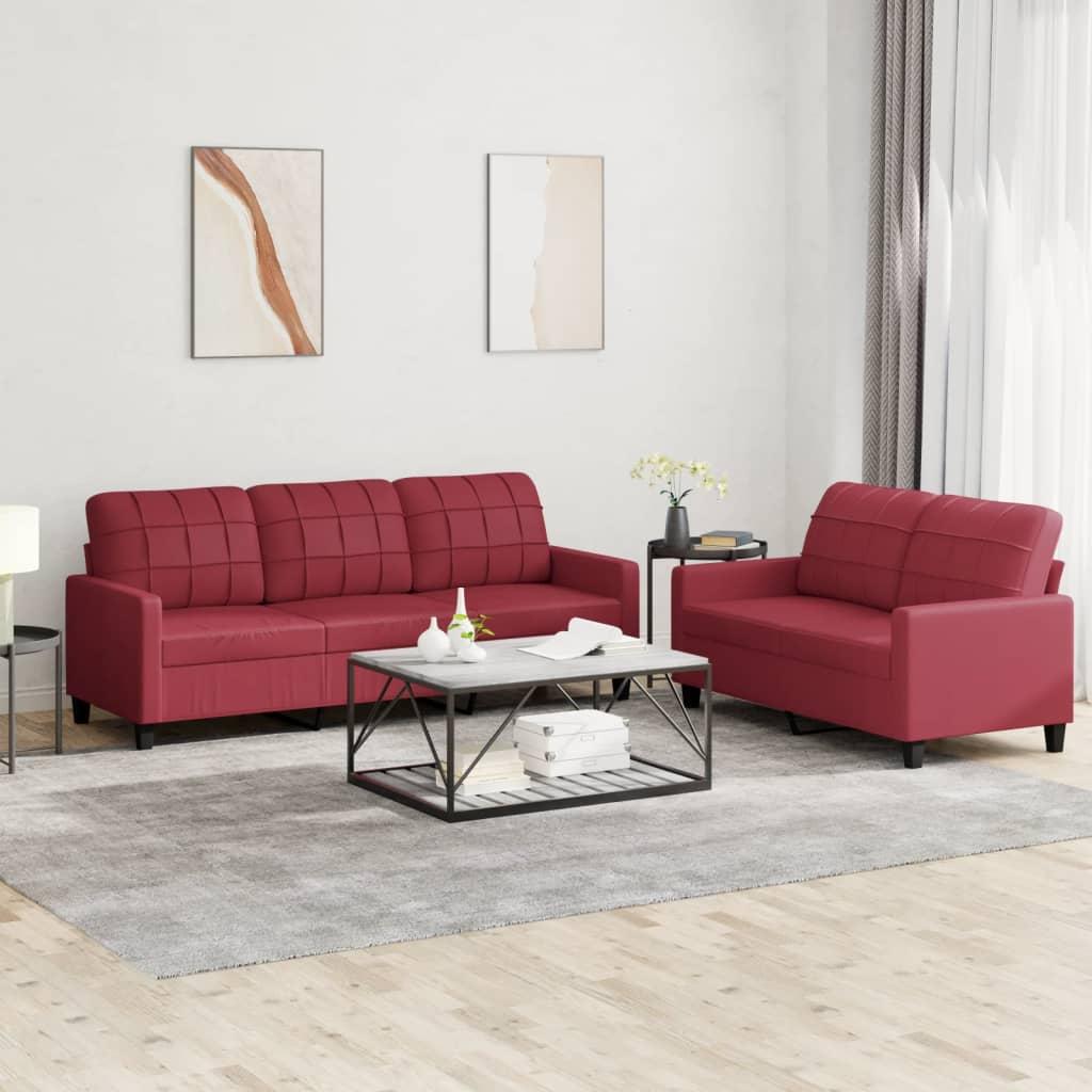 2 personers sofa med hynder kunstlæder vinrød