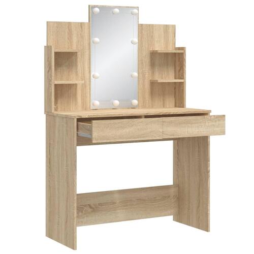 Makeupbord med LED-lys 96x40x142 cm sonoma-eg