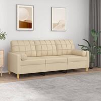 3-personers sofa med pyntepuder 180 cm stof cremefarvet