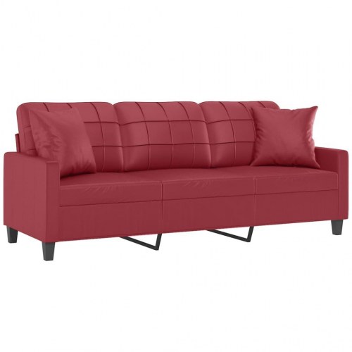 3-personers sofa med pyntepuder 180 cm kunstlæder vinrød