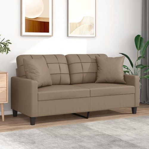 2-personers sofa i kunstlæder med pyntepuder, cappuccino - 140 cm sædebredde