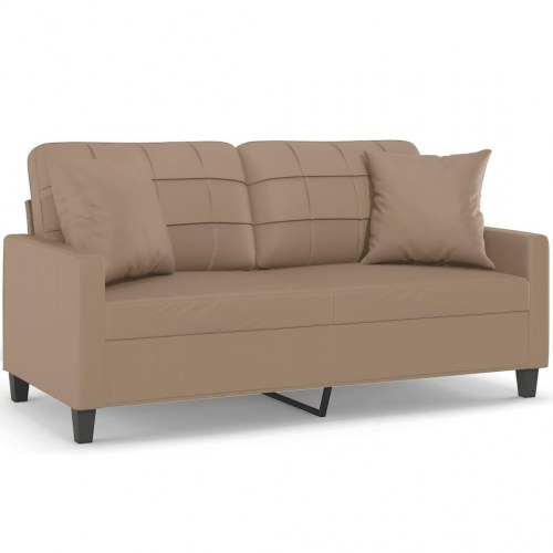 2-personers sofa i kunstlæder med pyntepuder, cappuccino - 140 cm sædebredde