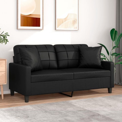 2-personers sofa i kunstlæder med pyntepuder, sort - sædebredde 140 cm