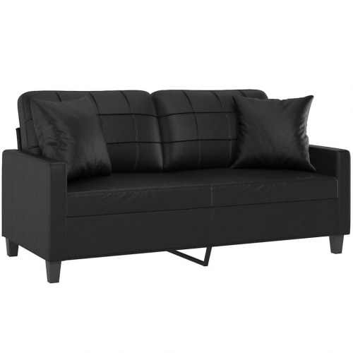 2-personers sofa i kunstlæder med pyntepuder, sort - sædebredde 140 cm