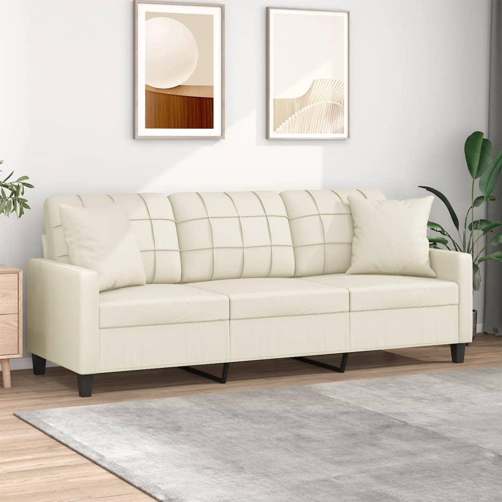 3-personers sofa med pyntepuder 180 cm kunstlæder cremefarvet