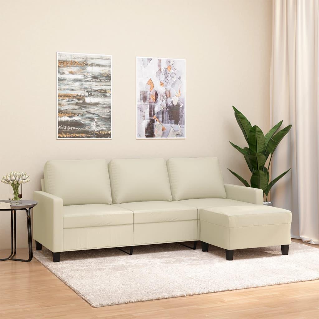 3-personers sofa med fodskammel 180 cm kunstlæder cremefarvet