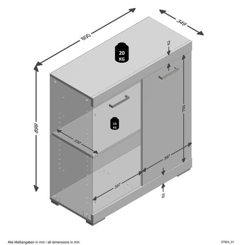 kommode med 2 låger 80x34,9x89,9 cm grå og egetræsfarvet