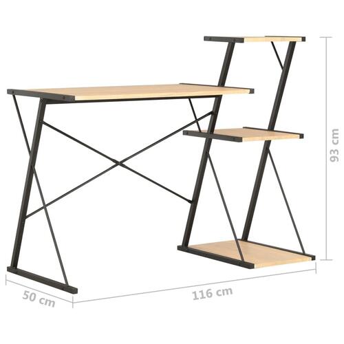 Skrivebord med hylde 116x50x93 cm sort og egetræsfarve