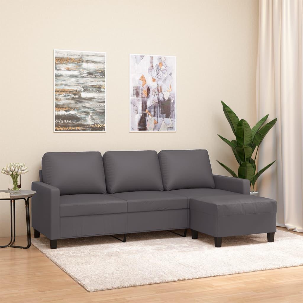 3-personers sofa med fodskammel 180 cm kunstlæder grå