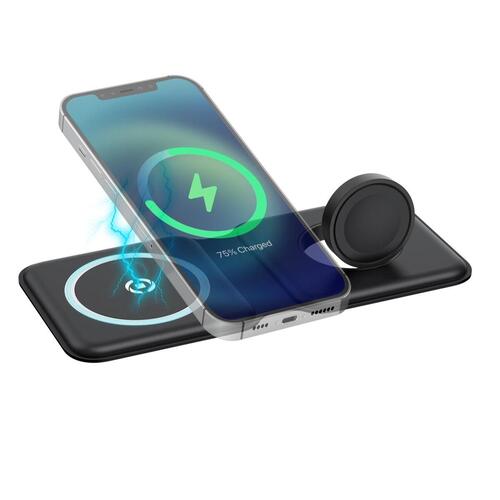 Trådløs oplader med mobilholder Celly MAGFOLD2IN1BK Sort