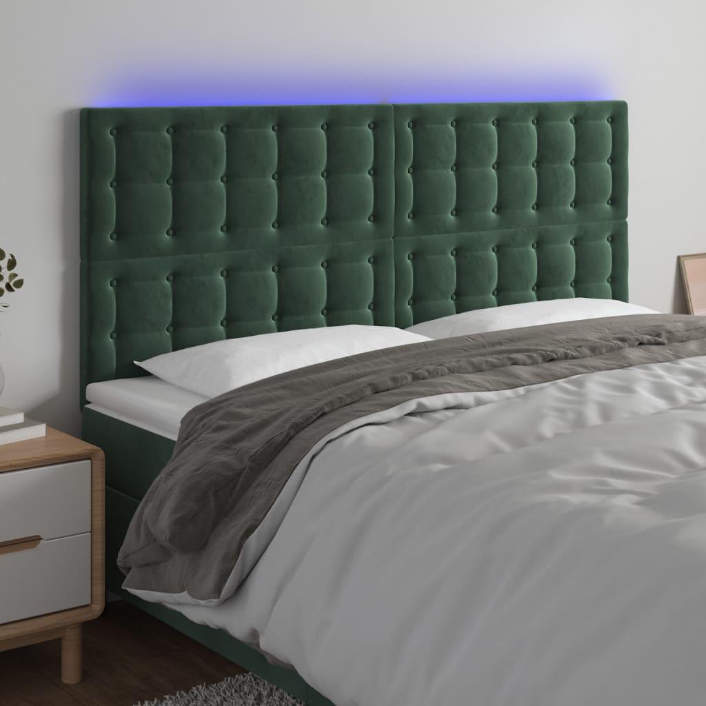 Sengegavl med LED-lys 180x5x118/128 cm fløjl mørkegrøn billede