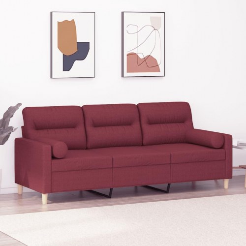 3-personers sofa med pyntepuder - stof, vinrød, 180 cm