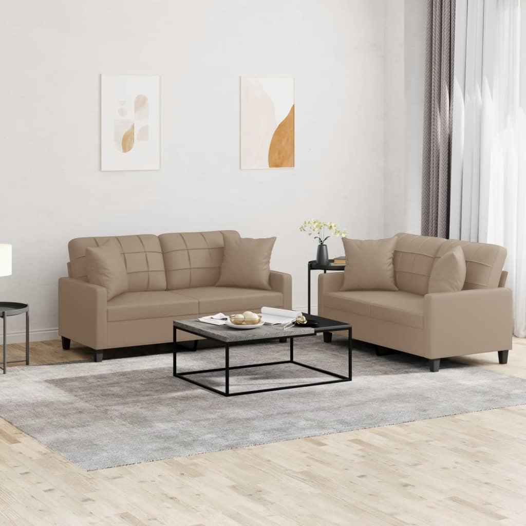 2 personers sofa med puder kunstlæder cappuccinofarvet