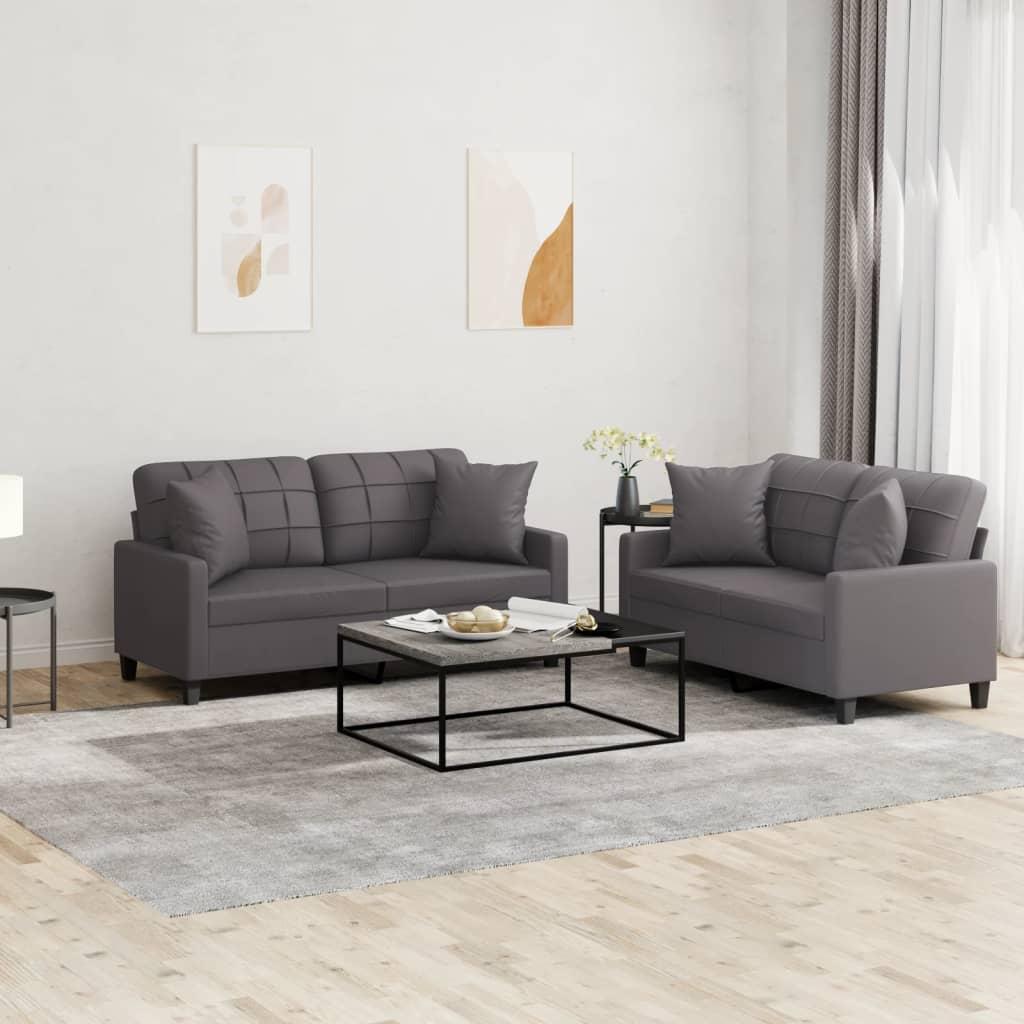 2 personers sofa med puder kunstlæder grå