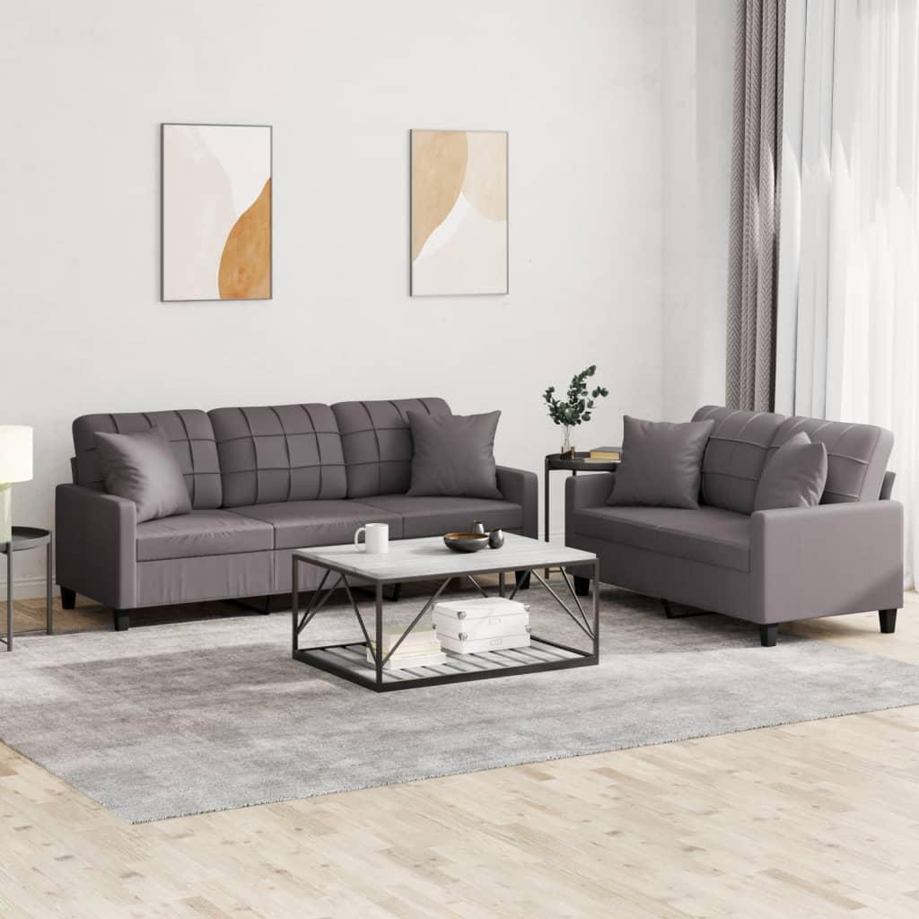 2 personers sofa med puder kunstlæder grå