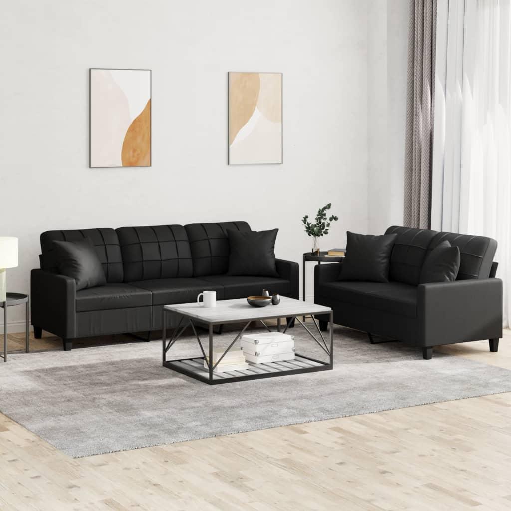 2 personers sofa med puder kunstlæder sort