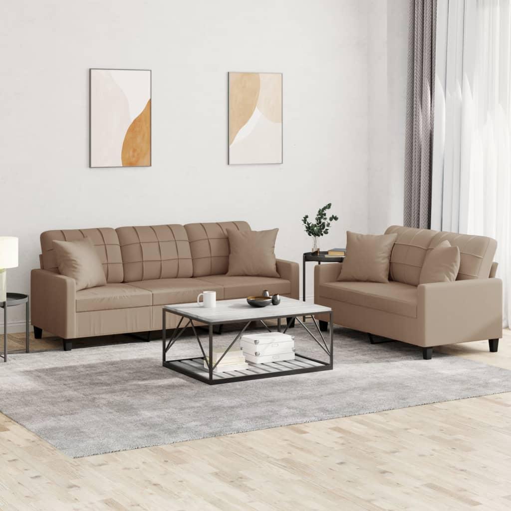 2 personers sofa med puder kunstlæder cappuccinofarvet