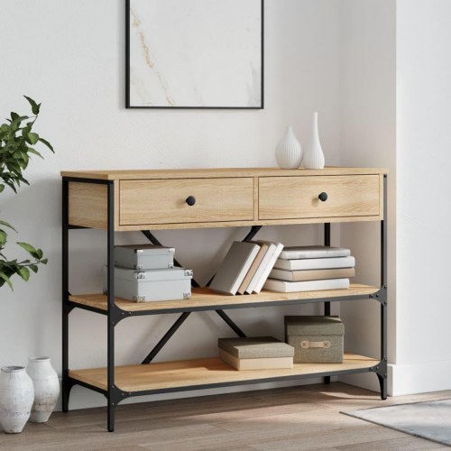 Konsolbord med skuffer og hylder - konstrueret træ i sonoma-eg, 100 × 34,5 × 75 cm