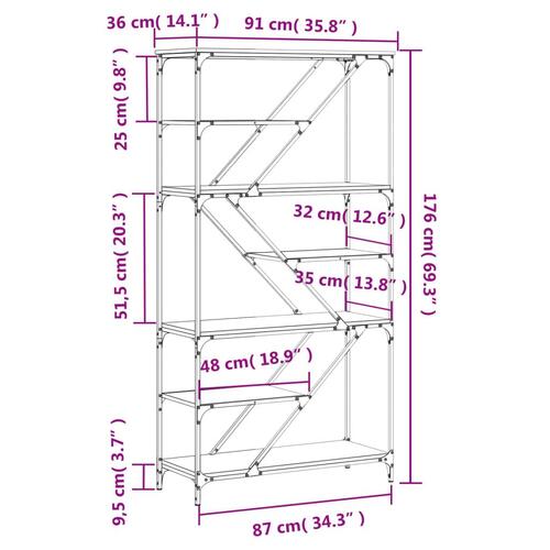 Bogreol 91x36x176 cm konstrueret træ og jern brunt egetræ