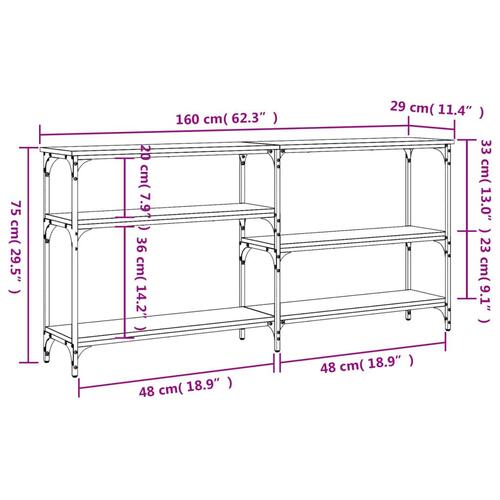 Konsolbord 160x29x75 cm konstrueret træ brun egetræ