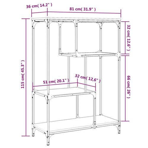 Bogreol 81x36x115 cm konstrueret træ og jern røget egetræsfarve