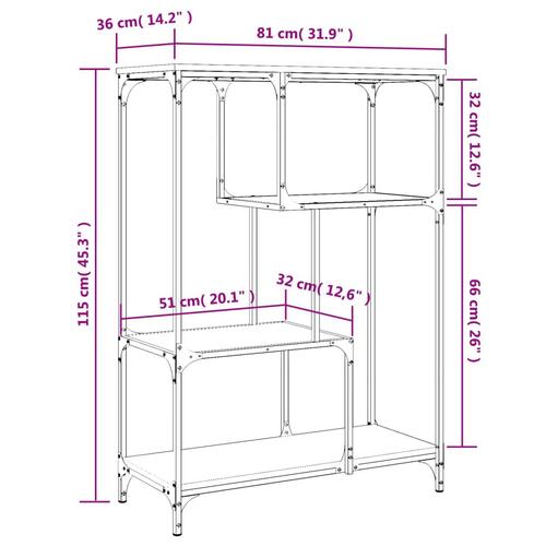 Bogreol 81x36x115 cm konstrueret træ og jern brun egetræsfarve